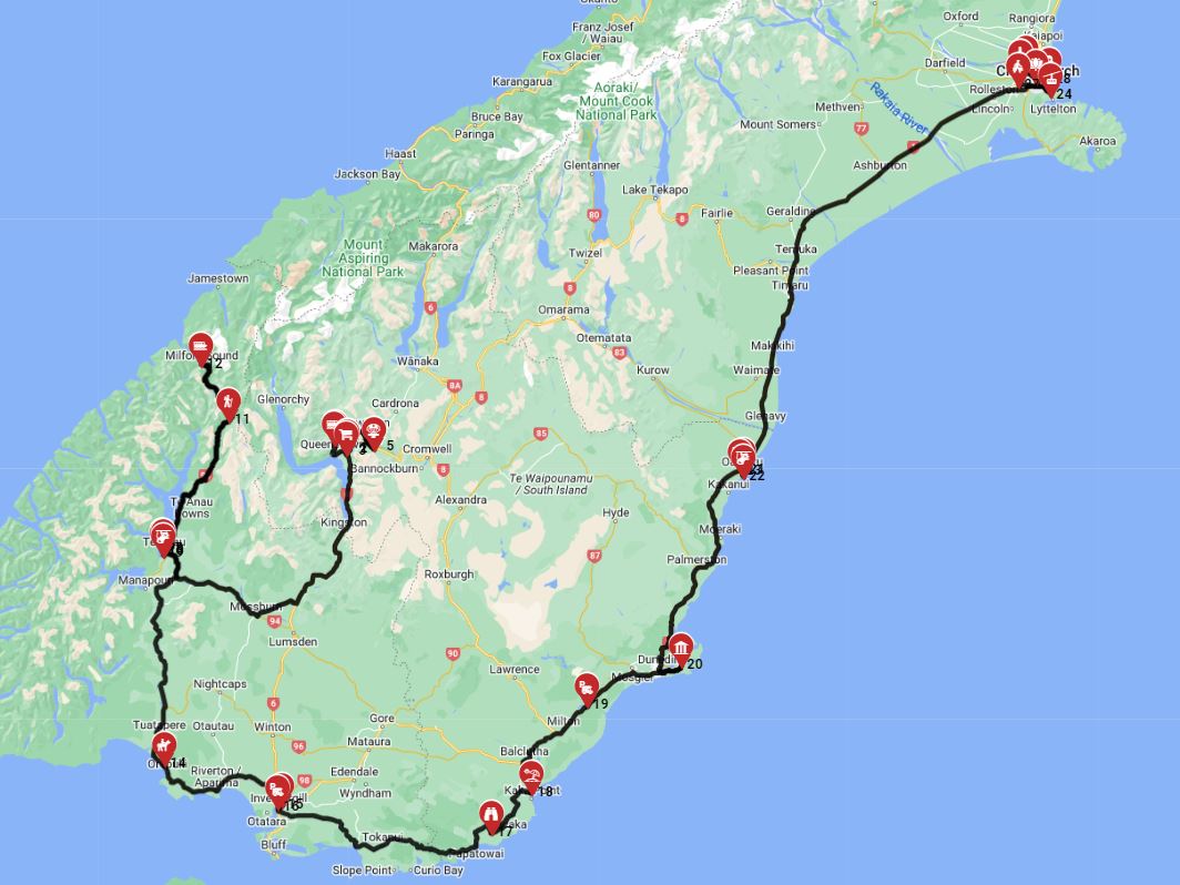 Map for Queenstown to Christchurch